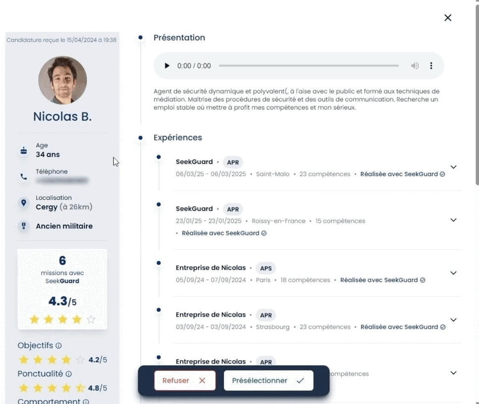 Recrutement d'agent de sécurité sur la plateforme SeekGuard.